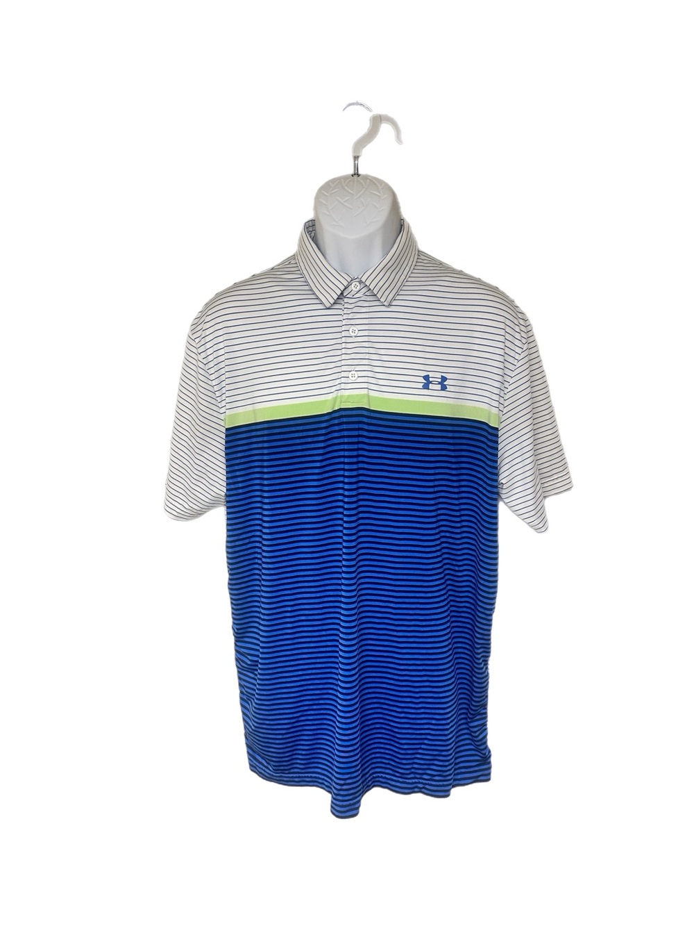 Under Armour Men’s White, Blue & Lime Striped  HeatGear Performance Golf Polo.